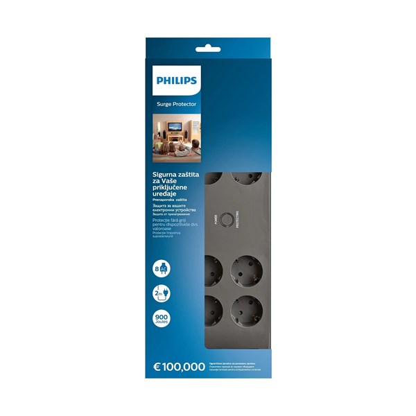 PHILIPS 8-li SPN3180A/62 900 Joules Akım Koruma Prizi GRİ	