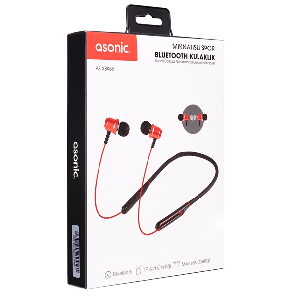 resimler/genel/Asonic AS-XBK65 Kırmızı Boyun Askılı Mıknatıslı Bluetooth TF Kart Spor Kulak içi Kulaklık