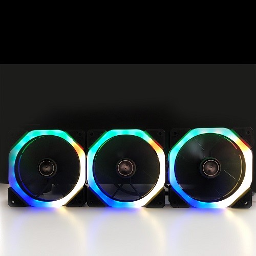 resimler/genel/PowerBoost 12cm Halo-Dual Rings 7 Siyah 18x LED RGB 3lü Kasa Fanı Kiti 6pin Hız Kontrollü