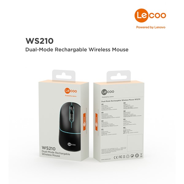 LENOVO LECOO WS210 Kablosuz + Bluetooth Sessiz Şarjlı 1600dpi Optic Siyah Mouse