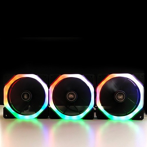 resimler/genel/PowerBoost 12cm Halo-Dual Rings 7 Siyah 18x LED RGB 3lü Kasa Fanı Kiti 6pin Hız Kontrollü