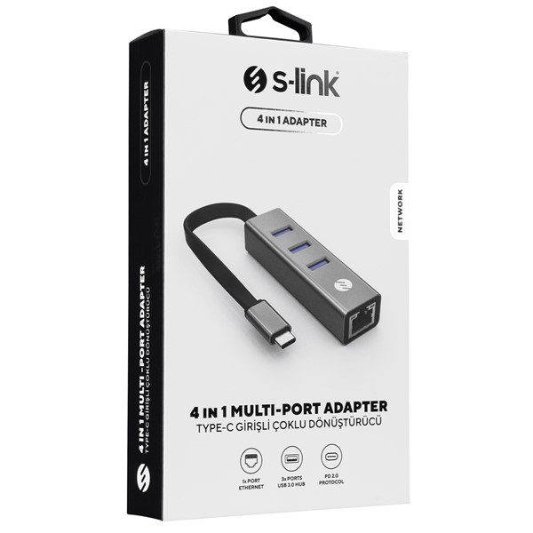resimler/genel/S-link Swapp SW-U3325 4 in 1 Gigabit 1000Mbps 3 Port USB 3.0 Ethernet Type C Hub Adaptör