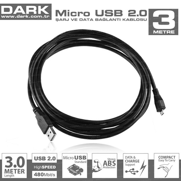 resimler/genel/DARK 3metre DK-CB-USB2MICROL300 Micro USB 2.0 Kablo Siyah