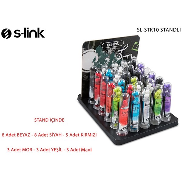 resimler/genel/S-link SL-STK10 30'lu stand set 8*Beyaz + 8*Siyah + 5*Krımızı 3*Mor + 3*Mavi + 3*Yeşil Kulak İçi Mikrofonlu Kulaklık