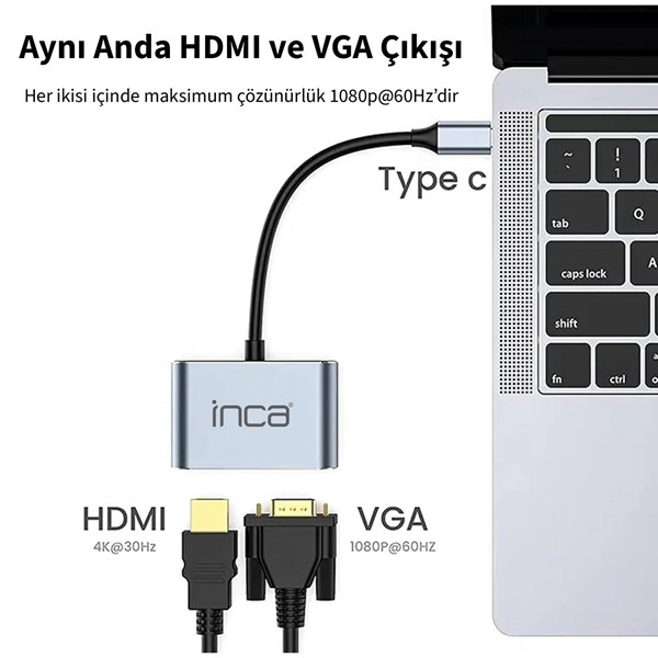 resimler/genel/INCA ITPC-06T 0.15metre TYPE-C - HDMI_VGA(D) Görüntü Adaptörü Gümüş 100W  