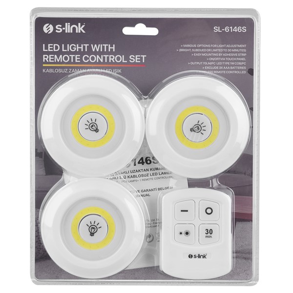 resimler/genel/S-link SL-6146S 3W Zaman Ayarlı Uzaktan Kumandalı Yapışkanlı 3Lu Kablosuz Pilli Led Lamba