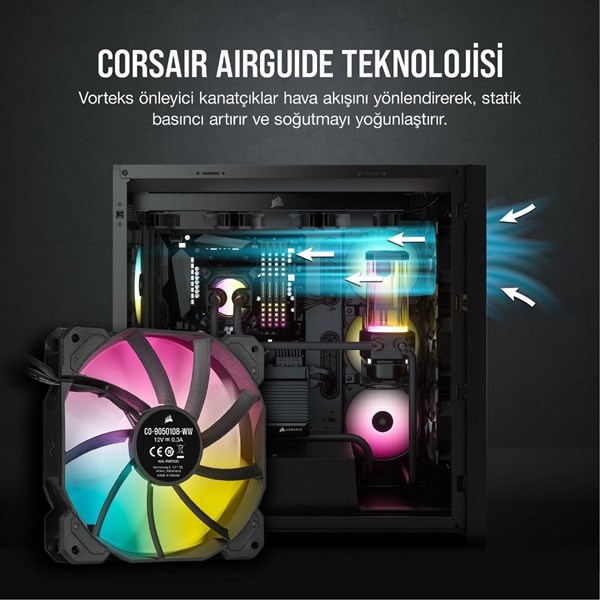 resimler/genel/CORSAIR CO-9050109-Ww iCUE SP120 RGB Elite Siyah 120mm Kasa Fanı+Konrol Ünitesi 3-lü paket 