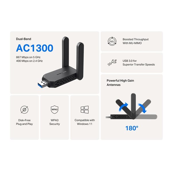 resimler/genel/MERCUSYS MA32H AC1300 USB 3.0 KABLOSUZ AĞ ADAPTÖRÜ
