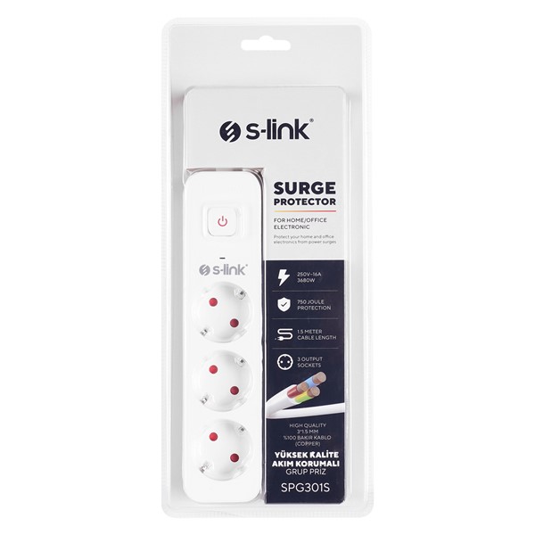 resimler/genel/S-link SPG301S 1.5m 3x1.5mm 100% Bakır 750 Joule 3 lü Anahtarlı Akım Korumalı Priz