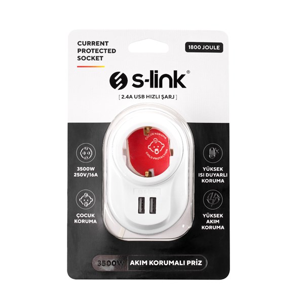 S-LINK SL-09 16A 3500W 1800 Joule 2 Usb 2.4A Isıya Duyarlı Devre ve Akım Korumalı Tekli Priz