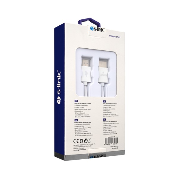 resimler/genel/S-link Swapp SW-HD1 HDMI TO HDMI 1.5m Beyaz. 2.0 Ver Real3D 2160P 4K Ultra DH Kablo