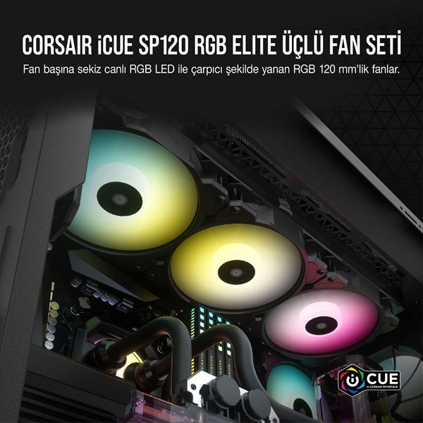resimler/genel/CORSAIR CO-9050109-Ww iCUE SP120 RGB Elite Siyah 120mm Kasa Fanı+Konrol Ünitesi 3-lü paket 