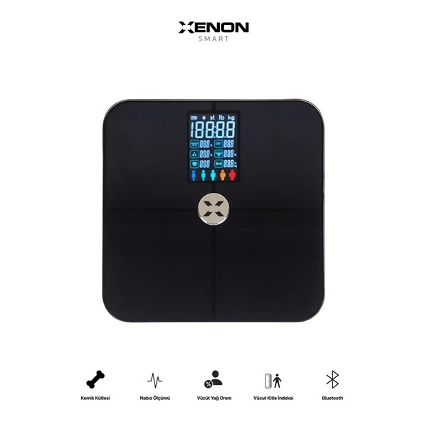 XENON Smart X8702 Su Kas Vücut Kitle Endeksi Kilo Ölçer Tartı Bluetooth Bağlantılı,Nabız Ölçümlü
